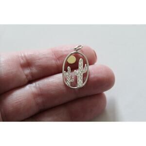 Sterling Silver Oval Cactus Pendant with Bronze Sun, Desert Cactus Charm